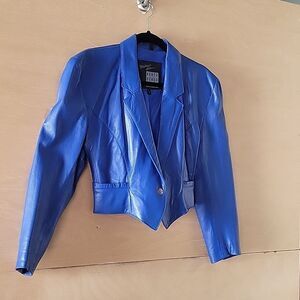 VTG Michael Hoban North Beach XS S 80s Blue Leather Jacket Crop Peplum Motocyle